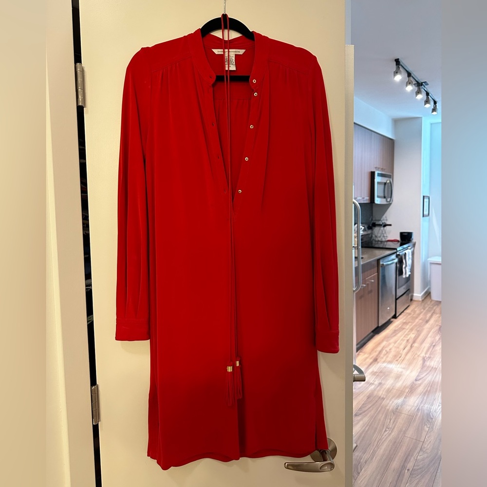 Diane von Furstenberg Red Long Sleeve Dress with Tassel Belt Size 6 US